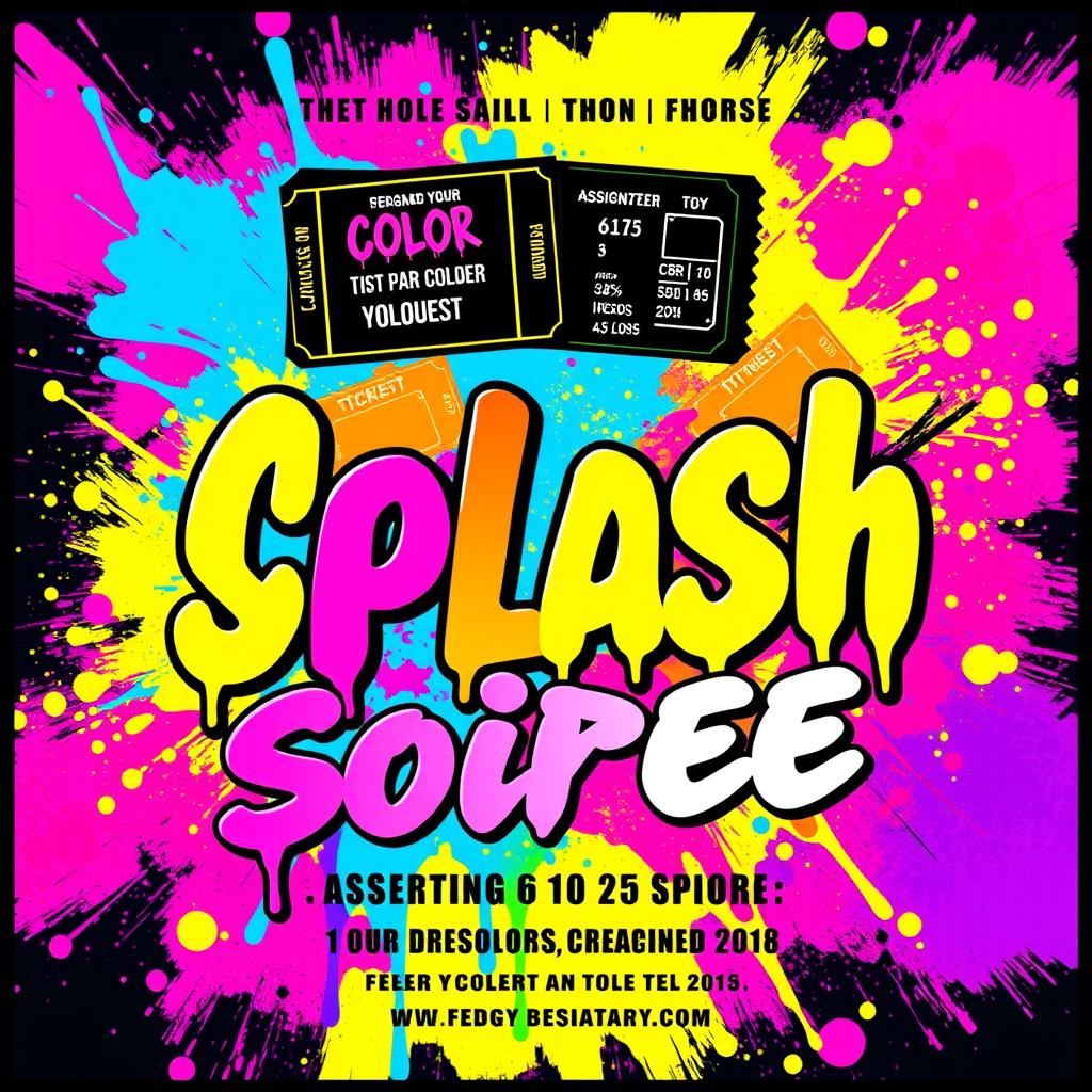 A flyer design for an event themed 'Color Splash Soiree', featuring colorful tickets assigned to each guest, indicating the colors they are required to dress in