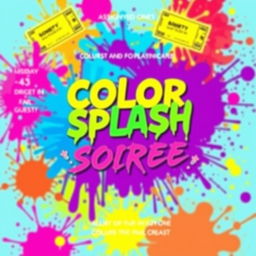 A flyer design for an event themed 'Color Splash Soiree', featuring colorful tickets assigned to each guest, indicating the colors they are required to dress in