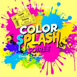 A flyer design for an event themed 'Color Splash Soiree', featuring colorful tickets assigned to each guest, indicating the colors they are required to dress in