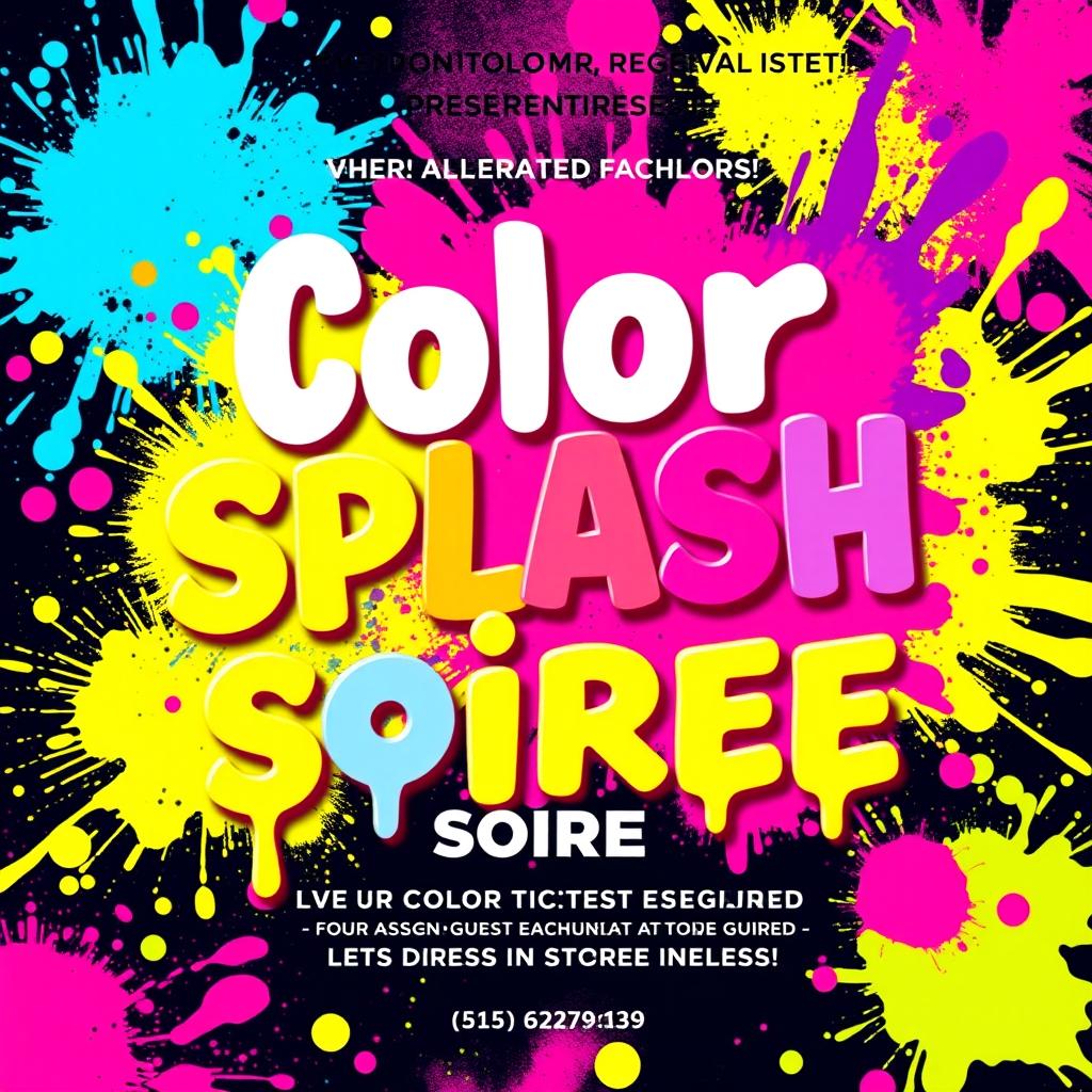 A flyer design for an event themed 'Color Splash Soiree', featuring colorful tickets assigned to each guest, indicating the colors they are required to dress in