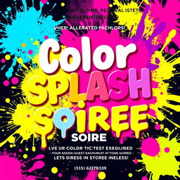 A flyer design for an event themed 'Color Splash Soiree', featuring colorful tickets assigned to each guest, indicating the colors they are required to dress in