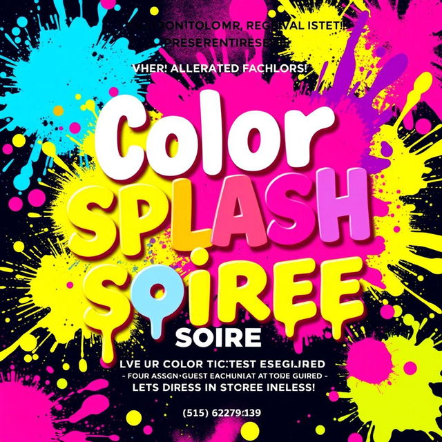 A flyer design for an event themed 'Color Splash Soiree', featuring colorful tickets assigned to each guest, indicating the colors they are required to dress in