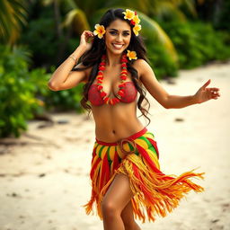 A hot and stylish woman confidently showcasing a traditional hula outfit, complete with a beautifully crafted skirt made of vibrant natural materials