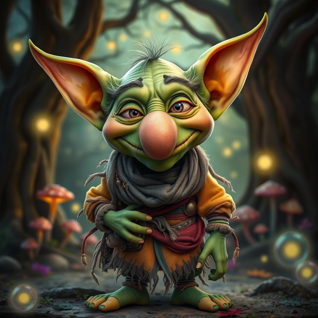 A whimsical goblin character with a comically large false nose, featuring exaggerated facial features and vibrant green skin