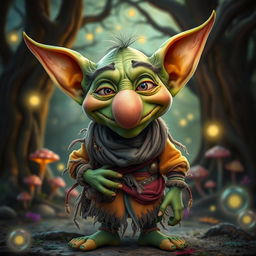 A whimsical goblin character with a comically large false nose, featuring exaggerated facial features and vibrant green skin