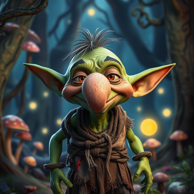 A whimsical goblin character with a comically large false nose, featuring exaggerated facial features and vibrant green skin