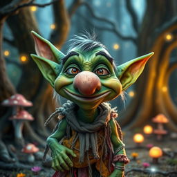 A whimsical goblin character with a comically large false nose, featuring exaggerated facial features and vibrant green skin