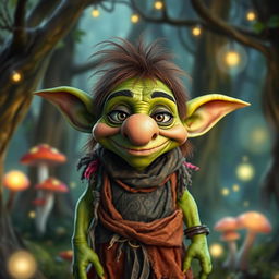 A whimsical goblin character with a comically large false nose, featuring exaggerated facial features and vibrant green skin