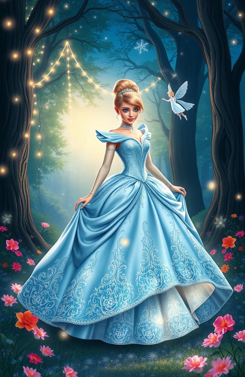 A beautiful interpretation of Cinderella in an enchanted forest, wearing an elegant ball gown made of soft blue satin with intricate silver embroidery