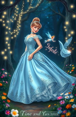 A beautiful interpretation of Cinderella in an enchanted forest, wearing an elegant ball gown made of soft blue satin with intricate silver embroidery