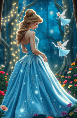 A beautiful interpretation of Cinderella in an enchanted forest, wearing an elegant ball gown made of soft blue satin with intricate silver embroidery