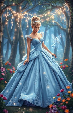 A beautiful interpretation of Cinderella in an enchanted forest, wearing an elegant ball gown made of soft blue satin with intricate silver embroidery