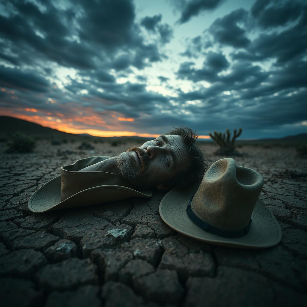 A dramatic portrayal of 'El Hombre Muerto' (The Dead Man), featuring a rugged, weathered man lying lifeless in a desolate landscape