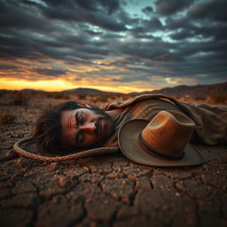 A dramatic portrayal of 'El Hombre Muerto' (The Dead Man), featuring a rugged, weathered man lying lifeless in a desolate landscape