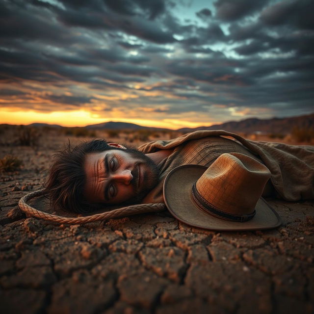 A dramatic portrayal of 'El Hombre Muerto' (The Dead Man), featuring a rugged, weathered man lying lifeless in a desolate landscape