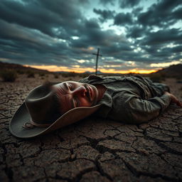 A dramatic portrayal of 'El Hombre Muerto' (The Dead Man), featuring a rugged, weathered man lying lifeless in a desolate landscape