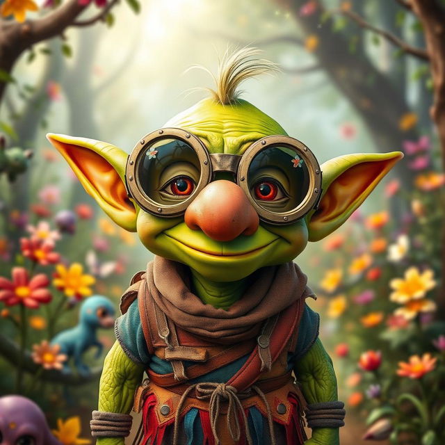 A humorous goblin character wearing oversized joke goggles with comical designs and a large, fake nose