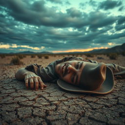 A dramatic portrayal of 'El Hombre Muerto' (The Dead Man), featuring a rugged, weathered man lying lifeless in a desolate landscape