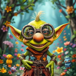 A humorous goblin character wearing oversized joke goggles with comical designs and a large, fake nose