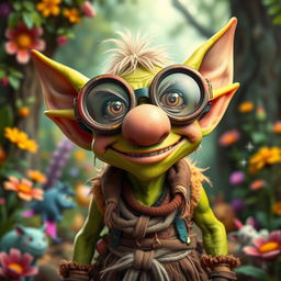 A humorous goblin character wearing oversized joke goggles with comical designs and a large, fake nose