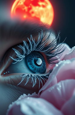 A detailed close-up of a blue eye with striking white eyelashes, showcasing intricate textures