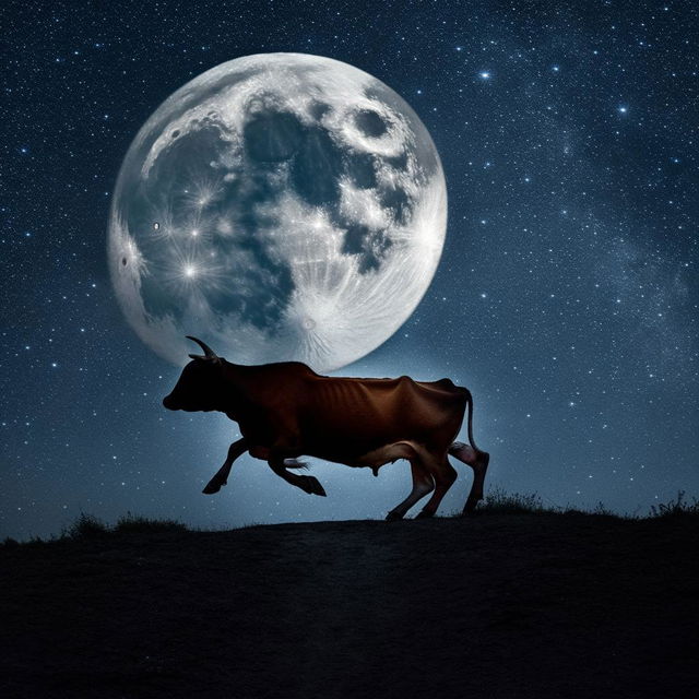 A joyful cow leaping over a large, luminous full moon against a dark starry night sky.