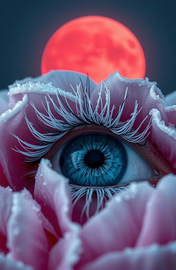 A detailed close-up of a blue eye with striking white eyelashes, showcasing intricate textures