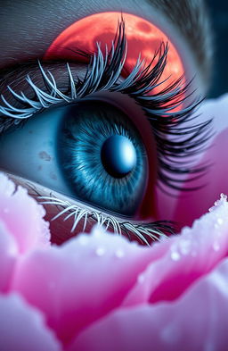 A detailed close-up of a blue eye with striking white eyelashes, showcasing intricate textures