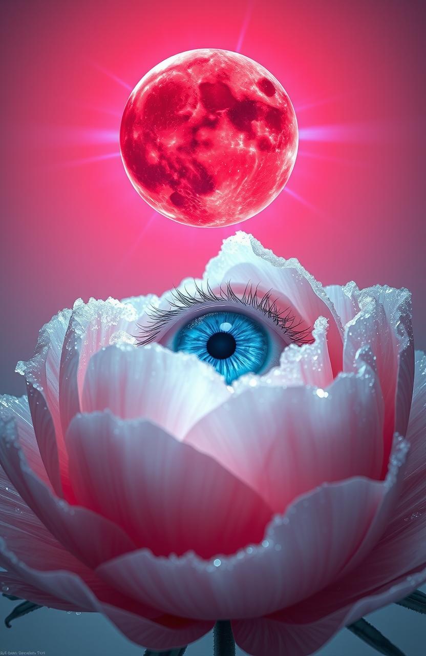 A stunning, artistic representation featuring an albino eye of vibrant blue color, intricate details reflecting its unique hue