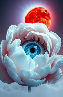 A stunning, artistic representation featuring an albino eye of vibrant blue color, intricate details reflecting its unique hue