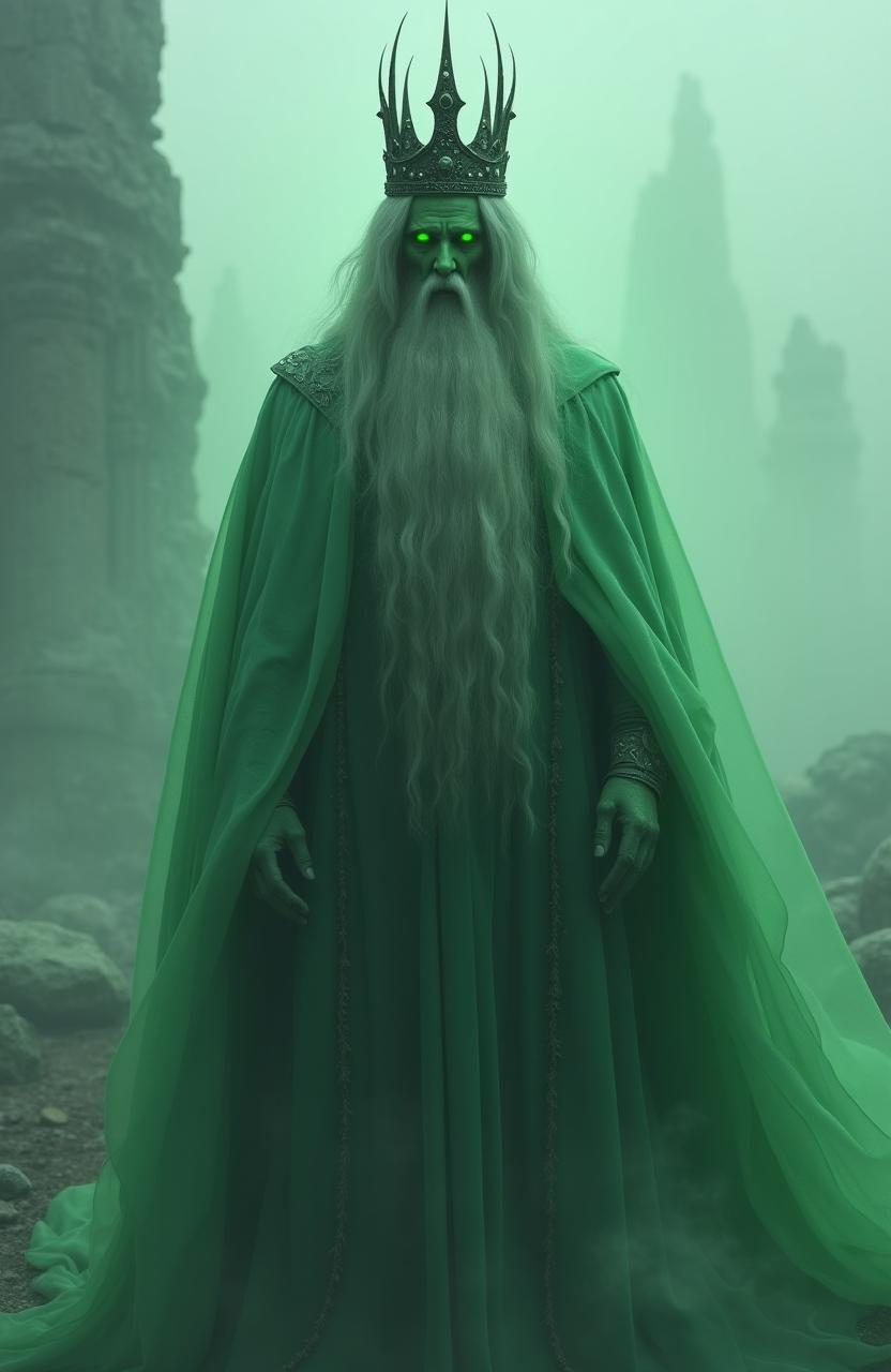 A hyper-realistic representation of the green ghost King of the Dead from Lord of the Rings, featuring a majestic figure with a long, flowing beard that seems to merge with his ethereal robes