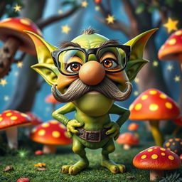 A whimsical goblin character sporting a large fake nose and a bushy moustache, wearing exaggerated glasses