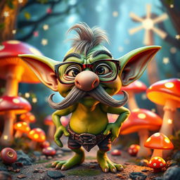 A whimsical goblin character sporting a large fake nose and a bushy moustache, wearing exaggerated glasses