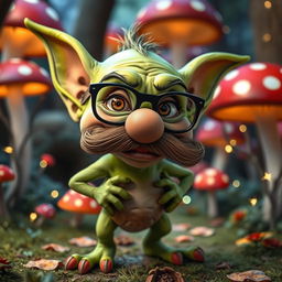 A whimsical goblin character sporting a large fake nose and a bushy moustache, wearing exaggerated glasses