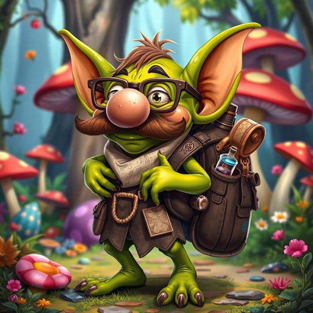 A whimsical goblin character sporting a large fake nose and a bushy moustache, wearing oversized glasses