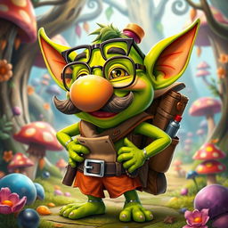 A whimsical goblin character sporting a large fake nose and a bushy moustache, wearing oversized glasses