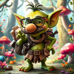 A whimsical goblin character sporting a large fake nose and a bushy moustache, wearing oversized glasses