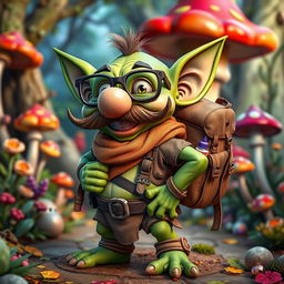 A whimsical goblin character sporting a large fake nose and a bushy moustache, wearing oversized glasses