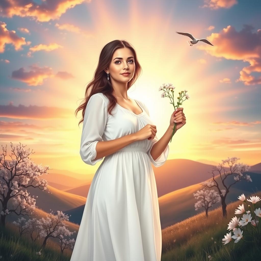 A serene and uplifting depiction of a woman standing strong amidst a landscape representing new beginnings after a divorce