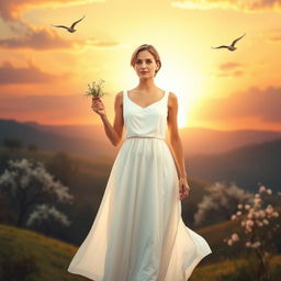 A serene and uplifting depiction of a woman standing strong amidst a landscape representing new beginnings after a divorce