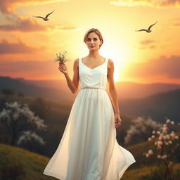 A serene and uplifting depiction of a woman standing strong amidst a landscape representing new beginnings after a divorce