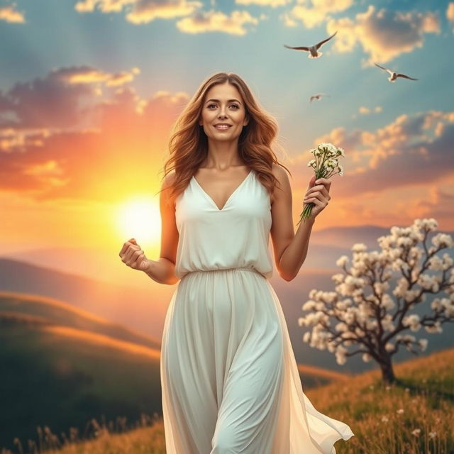 A serene and uplifting depiction of a woman standing strong amidst a landscape representing new beginnings after a divorce