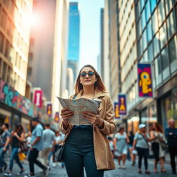 A captivating scene depicting a woman starting anew in a vibrant cityscape, symbolizing a fresh beginning after a significant change in her life