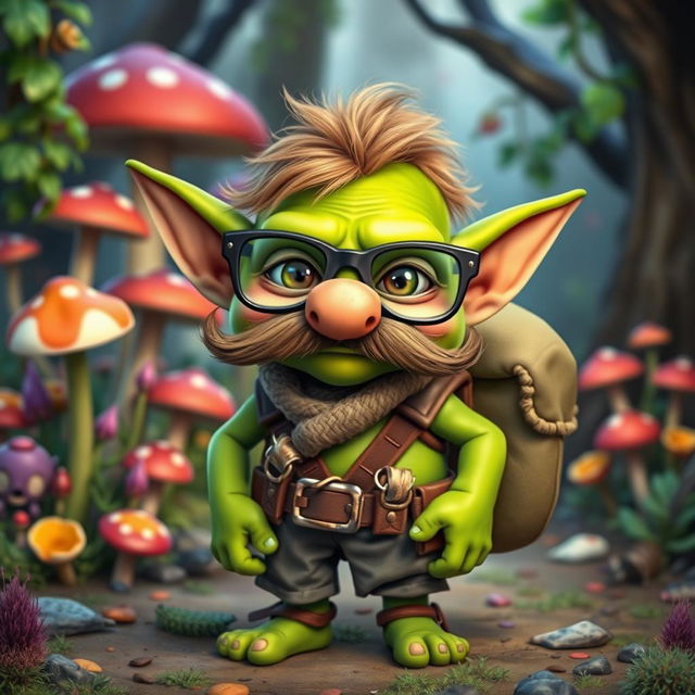 A cute goblin character featuring a large fake nose and a bushy moustache, wearing oversized glasses