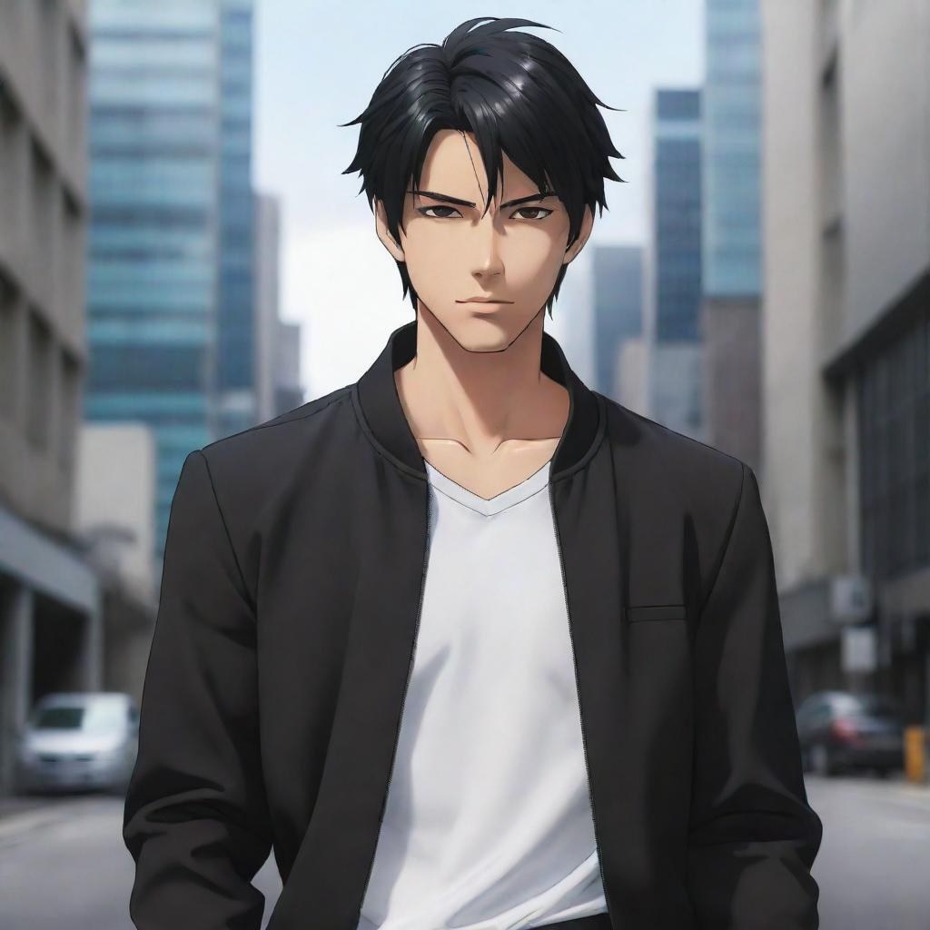 A stylish, black haired male anime character with evocative eyes and a confident smirk. He is dressed in a sleek urban outfit.