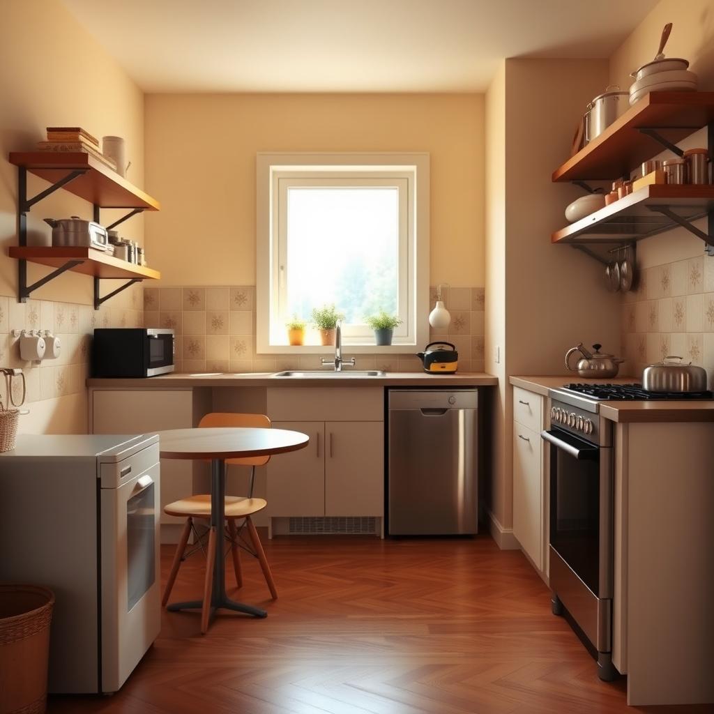 A cozy small kitchen interior, featuring modern appliances and a warm color palette