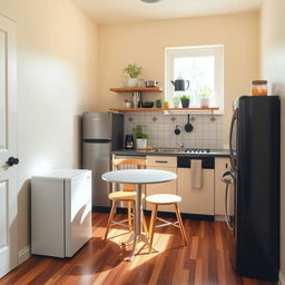 A cozy small kitchen interior, featuring modern appliances and a warm color palette