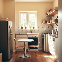 A cozy small kitchen interior, featuring modern appliances and a warm color palette