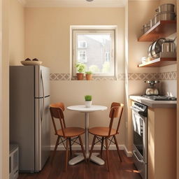 A cozy small kitchen interior, featuring modern appliances and a warm color palette