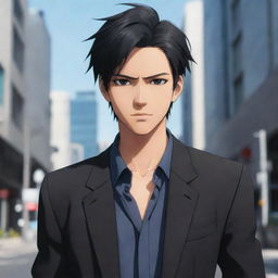 A stylish, black haired male anime character with evocative eyes and a confident smirk. He is dressed in a sleek urban outfit.